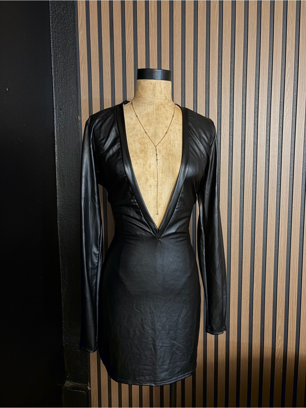 Black Faux-Leather Deep V-Neck Long-Sleeve Dress Top